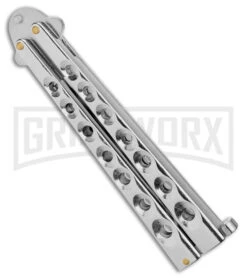 Kriss Blade Silver Butterfly Balisong Knife - Satin Plain 8 Kriss Blade Silver Butterfly Balisong Knife - Satin Plain -Kershaw Store 9in Silver Butterfly Kriss Blade Satin GX 2609 jr side large