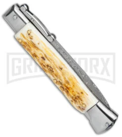 Automatic Italian Style Swinguard 9" Stag - Damascus Bayonet Blade -Kershaw Store AKC Swinguard 9in Stag Bayo Damascus GX 3647 jr side large