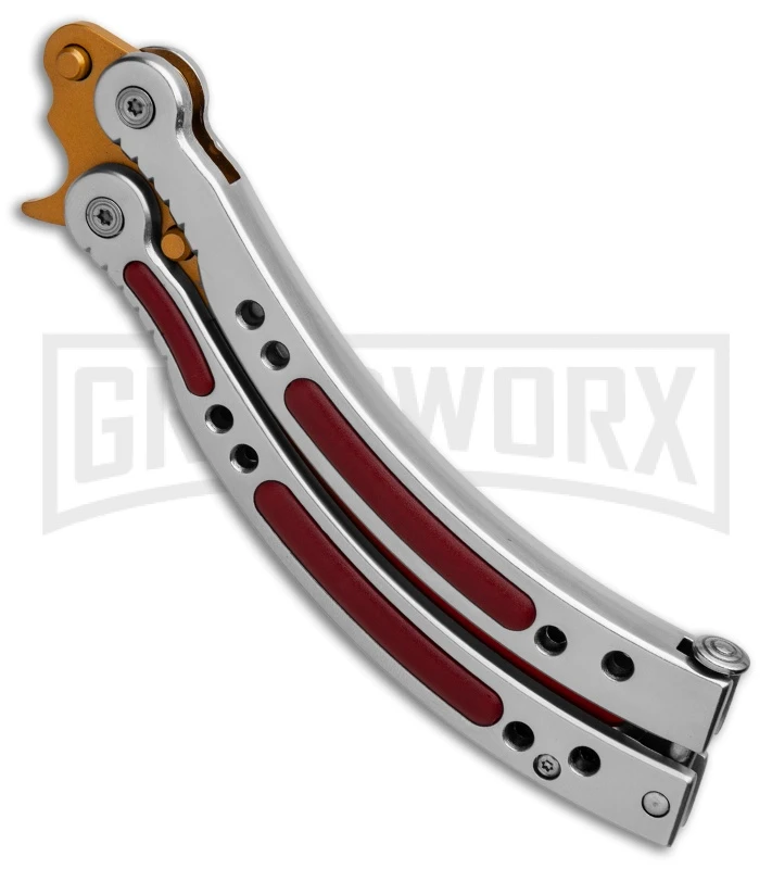 Andux CS Balisong Silver Butterfly Knife W/ Red Inlays - Bowie Gold/Red Plain 4 Andux CS Balisong Silver Butterfly Knife W/ Red Inlays - Bowie Gold/Red Plain - Image 2