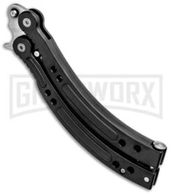 Andux CS Black Balisong Butterfly Knife W/ Black Inlays - Bowie Satin Plain -Kershaw Store Andux CS Black Balisong Butterfly Black Inlays Bowie Satin Plain PK 8 GX 33140 jr side large