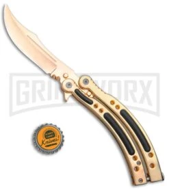 Andux CS Gold Balisong Butterfly Knife W/Black Inlays- Plain -Kershaw Store Andux CS Gold Balisong Butterfly Black Inlay Bowie Plain GX 35606 jr bottlecap large