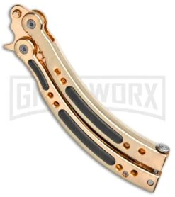 Andux CS Gold Balisong Butterfly Knife W/Black Inlays- Plain -Kershaw Store Andux CS Gold Balisong Butterfly Black Inlay Bowie Plain GX 35606 jr side large