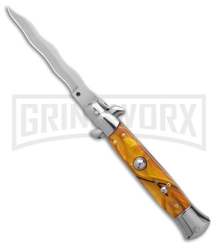 9" Anomaly Stiletto Yellow Pearlex Automatic Knife - Satin Kriss 3 9" Anomaly Stiletto Yellow Pearlex Automatic Knife - Satin Kriss