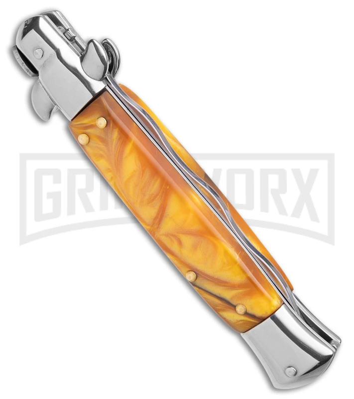 9" Anomaly Stiletto Yellow Pearlex Automatic Knife - Satin Kriss 5 9" Anomaly Stiletto Yellow Pearlex Automatic Knife - Satin Kriss - Image 3