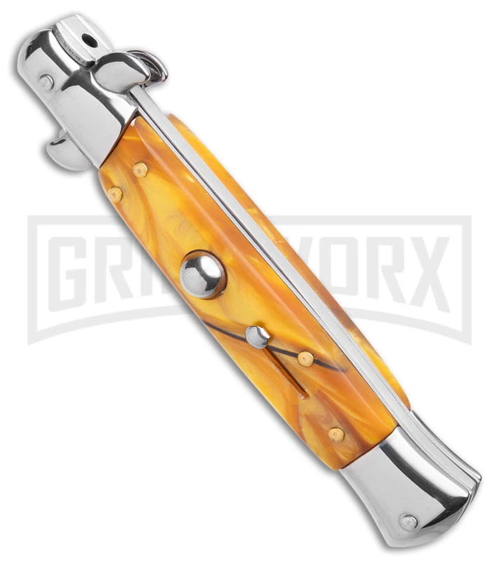 9" Anomaly Stiletto Yellow Pearlex Automatic Knife - Satin Kriss 4 9" Anomaly Stiletto Yellow Pearlex Automatic Knife - Satin Kriss - Image 2
