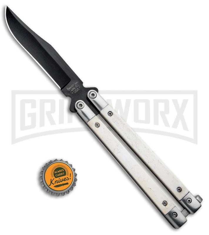 Bear And Son White Smooth Bone Balisong Butterfly Knife - Black Plain 6 Bear And Son White Smooth Bone Balisong Butterfly Knife - Black Plain - Image 4
