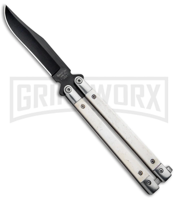 Bear And Son White Smooth Bone Balisong Butterfly Knife - Black Plain 3 Bear And Son White Smooth Bone Balisong Butterfly Knife - Black Plain