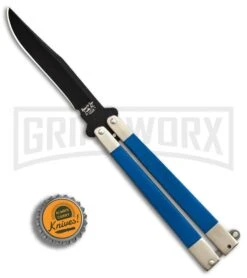 Bear & Son Blue G-10 Butterfly Knife - Black Plain -Kershaw Store Bear Butterfly Knive blue G10 handles Black Plain BHQ 87253 er bottlecap large