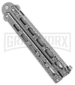 Bear & Son Knives 114A Large Silver Balisong Butterfly Knife - Blasted Tanto -Kershaw Store Bear Butterfly Tanto Large Silver Vein BB BHQ 0663 jr side large