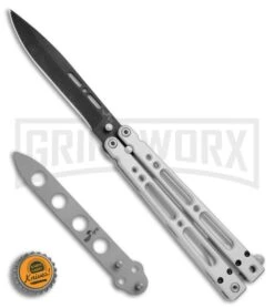 Bear OPS Bear Song IV Silver Balisong Butterfly Knife W/Trainer - Black Plain -Kershaw Store Bear Ops Bear Song IV Aluminum trainer black BHQ 74868 er bottlecap large