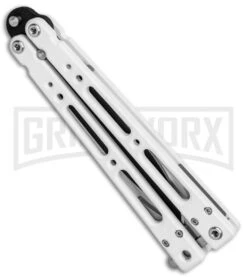 Bear OPS Bear Song IV Arctic White Balisong Butterfly Knife W/Trainer - Black -Kershaw Store Bear Ops Bear Song IV Butterfly Arctic White Trainer Satin B 400 ALW B BHQ 79336 jr side large