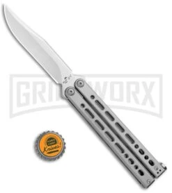 Bear Ops Bear Song VIII Gray Butterfly Knife - Clip Point Satin Plain -Kershaw Store Bear Ops Bear Song VIII Butterfly DP Satin B 800 SS S BHQ 102069 jr bottlecap large