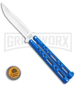 Bear & Son Knives Blue Large 117 Balisong Butterfly Knife - Satin Plain -Kershaw Store Bear Son Butterfly Blue 117BL BHQ 114368 LS Bottlecap large