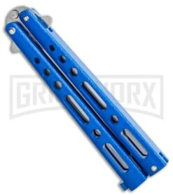 Bear & Son Knives Blue Large 117 Balisong Butterfly Knife - Satin Plain -Kershaw Store Bear Son Butterfly Blue 117BL BHQ 114368 LS Side large