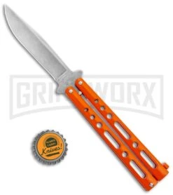 Bear & Son Butterfly Knife Orange Steel - Clip Point Plain -Kershaw Store Bear and Son Butterfly Orange SW BHQ 135322 jr bottlecap large