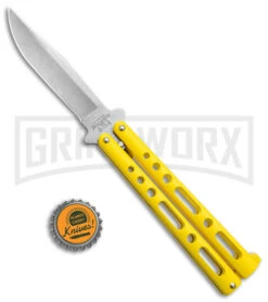 Bear & Son Knives Yellow Large 117 Balisong Butterfly Knife - Stonewash Plain -Kershaw Store Bear and Son Butterfly Yellow SW BHQ 138996 jr bottlecap large