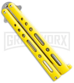Bear & Son Knives Yellow Large 117 Balisong Butterfly Knife - Stonewash Plain -Kershaw Store Bear and Son Butterfly Yellow SW BHQ 138996 jr side large
