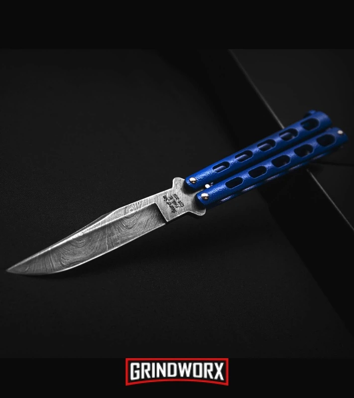 Bear And Son Knives Blue Balisong Butterfly Knife - Damascus Plain 5 Bear And Son Knives Blue Balisong Butterfly Knife - Damascus Plain - Image 3