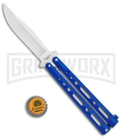 Benchmark Balisong Blue Butterfly Knife - Satin Plain -Kershaw Store Benchmark BM011 Blue Balisong Butterfly Satin BM011 BHQ 115069 jr bottlecap large