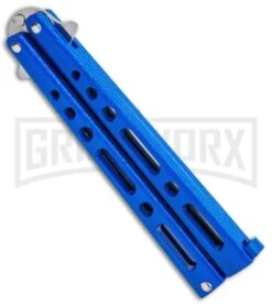 Benchmark Balisong Blue Butterfly Knife - Satin Plain -Kershaw Store Benchmark BM011 Blue Balisong Butterfly Satin BM011 BHQ 115069 jr side large