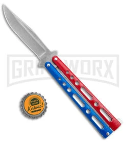Benchmark Red & Blue Epoxy Steel Butterfly Knife - Stonewash Plain -Kershaw Store Benchmark Butterfly Red White Blue SW BHQ 143934 jr bottlecap large