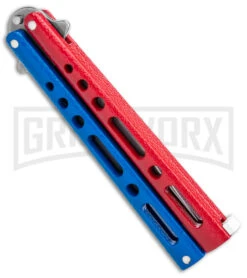 Benchmark Red & Blue Epoxy Steel Butterfly Knife - Stonewash Plain -Kershaw Store Benchmark Butterfly Red White Blue SW BHQ 143934 jr side large