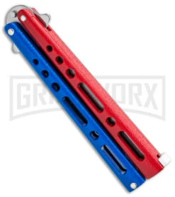 Benchmark Red & Blue Epoxy Steel Butterfly Knife - Satin Plain -Kershaw Store Benchmark Butterfly Red White Blue Satin BHQ 141219 jr side large