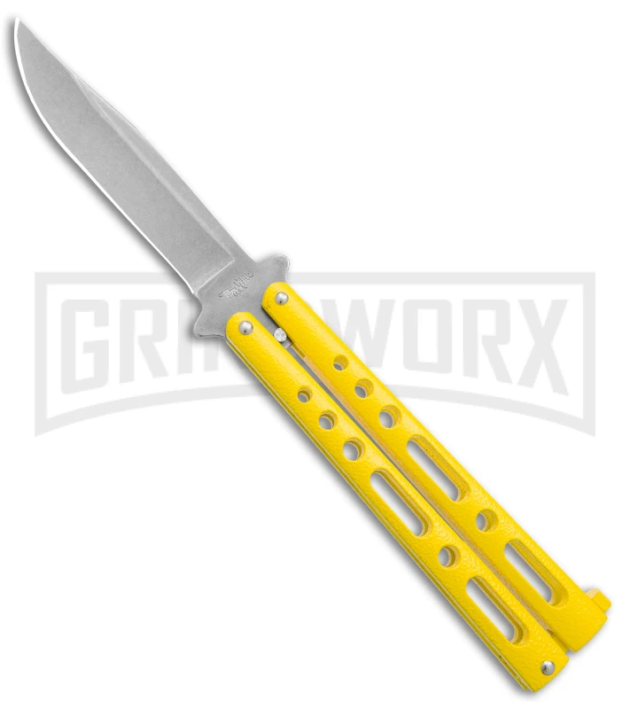 Benchmark Yellow Epoxy Steel Butterfly Knife - Stonewash Plain 3 Benchmark Yellow Epoxy Steel Butterfly Knife - Stonewash Plain