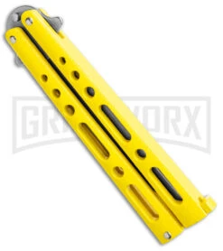 Benchmark Yellow Epoxy Steel Butterfly Knife - Stonewash Plain 8 Benchmark Yellow Epoxy Steel Butterfly Knife - Stonewash Plain -Kershaw Store Benchmark Butterfly Yellow SW BHQ 137769 jr side large