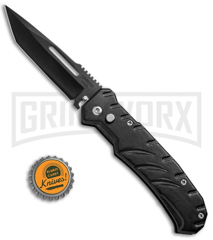 Black 8" Stainless Steel Automatic Knife - Tanto Black Plain 6 Black 8" Stainless Steel Automatic Knife - Tanto Black Plain - Image 4