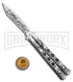 Butterfly Knife Black Dragon Etched Blade - Satin Tanto -Kershaw Store Black Dragon Butterfly Knife Satin Tanto PK1 GX 33840 ns bottlecap large