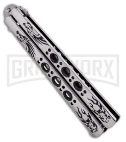 Butterfly Knife Black Dragon Etched Blade - Satin Tanto -Kershaw Store Black Dragon Butterfly Knife Satin Tanto PK1 GX 33840 ns side large