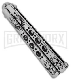 Butterfly Knife Black Dragon Etched Blade - Satin Tanto -Kershaw Store Black Dragon Butterfly Knife Satin Tanto PK1 GX 33840 ns spine large