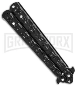 Chalkhill Balisong Black Butterfly Knife - Black Skull Handles 8 Chalkhill Balisong Black Butterfly Knife - Black Skull Handles -Kershaw Store Black Skull Balisong Drop Point Butterfly Knife Black Finish GX 37658 td side large