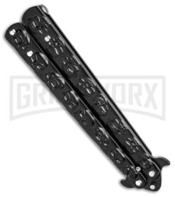 Chalkhill Balisong Black Butterfly Knife - Black Skull Handles 7 Chalkhill Balisong Black Butterfly Knife - Black Skull Handles -Kershaw Store Black Skull Balisong Drop Point Butterfly Knife Black Finish GX 37658 td spine large
