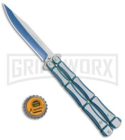 Blue Bone Balisong Drop Point Butterfly Knife - 2 Tone Plain -Kershaw Store Blue Bone Balisong DP Butterfly TT Plain GX 37371 jr bottlecap large