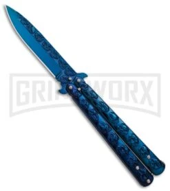 Blue Skull Balisong Blue Butterfly Knife - Blue Plain
