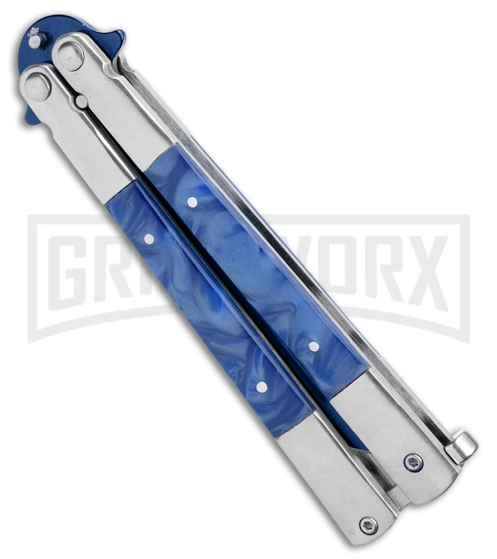 Regal Flipper Blue Swirl Balisong Butterfly Knife - Green Plain 5 Regal Flipper Blue Swirl Balisong Butterfly Knife - Green Plain - Image 3
