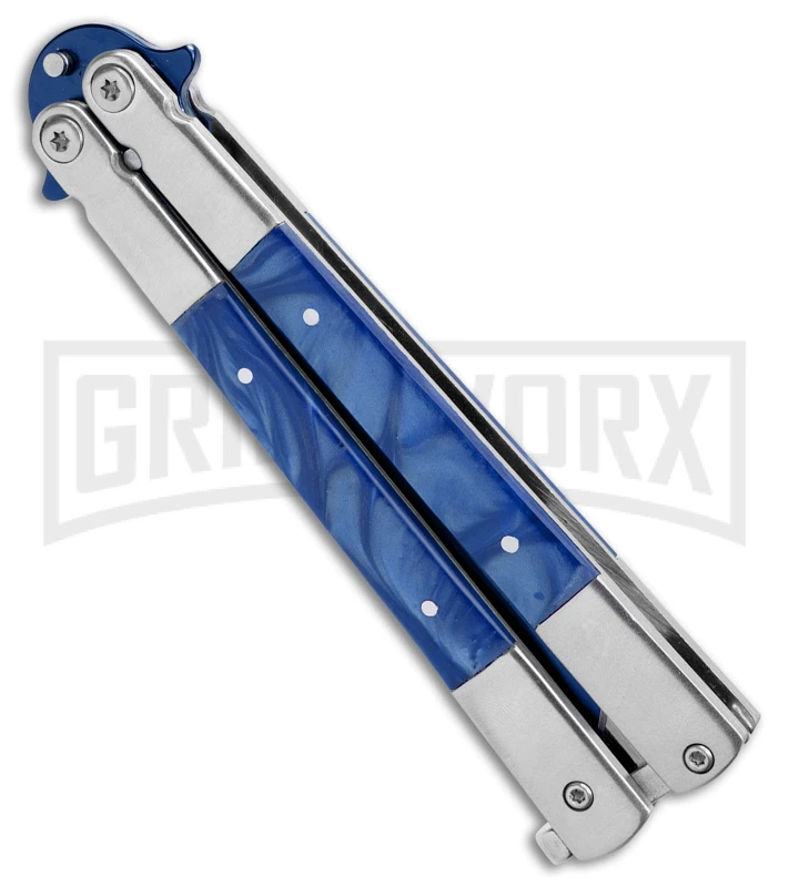 Regal Flipper Blue Swirl Balisong Butterfly Knife - Green Plain 4 Regal Flipper Blue Swirl Balisong Butterfly Knife - Green Plain - Image 2