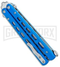 Boker Plus Mini Balisong Blue Skeletonized Trainer Knife - Satin Dull -Kershaw Store Boker Plus Mini Balisong Trainer Blue Holes G 10 Satin 01BO715SOI BHQ 99636 jr side large