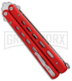 Boker Plus 01BO712 Red G-10 Balisong Trainer Butterfly Trainer - Satin -Kershaw Store Boker Plus balisong trainer red G10 satin BHQ 76461 er side large