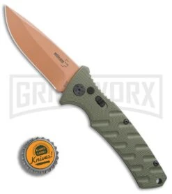 Boker Plus Strike Desert Warrior OD Green Automatic Knife - D2 Drop Point Copper -Kershaw Store Boker Strike drop point Desert Warrior OD Green copper BHQ 70998 er bottlecap large