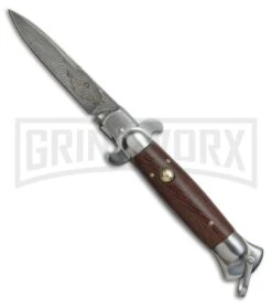 9" Medteh Brown Micarta Russian Stiletto Automatic Knife - Damascus Plain