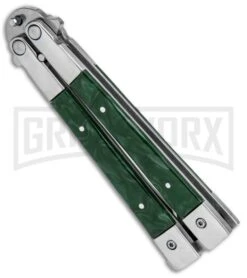 Noble Flipper Green Marble Balisong Butterfly Knife - Satin Plain -Kershaw Store Butterfly Green Marble Inlay BHQ 81124 jr side large