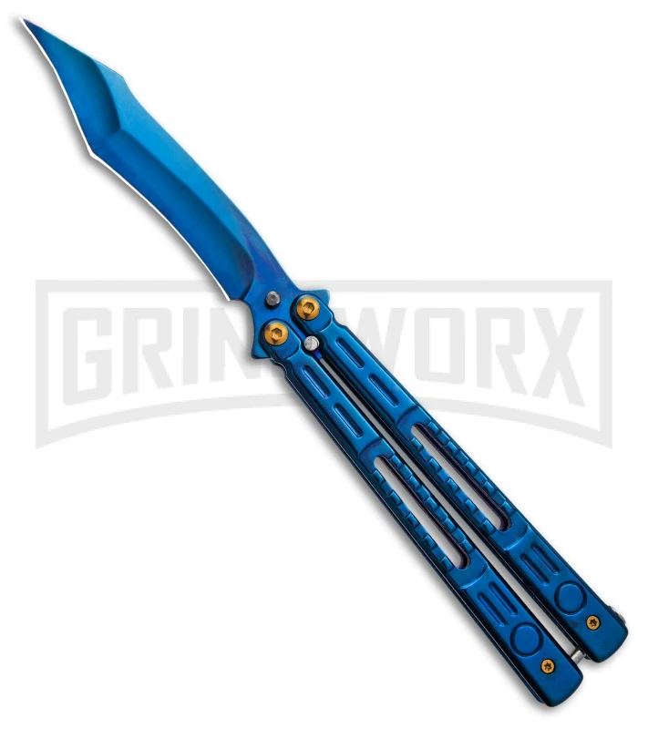 Chalkhill Balisong Black Butterfly Knife - Blue Tanto Skeletonized Handles 3 Chalkhill Balisong Black Butterfly Knife - Blue Tanto Skeletonized Handles