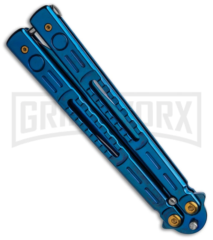 Chalkhill Balisong Black Butterfly Knife - Blue Tanto Skeletonized Handles 4 Chalkhill Balisong Black Butterfly Knife - Blue Tanto Skeletonized Handles - Image 2