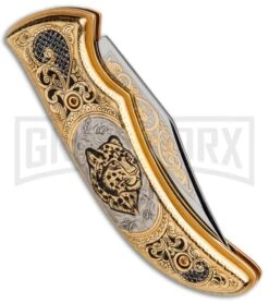 Custom Russian Gold Leopard Automatic Knife - Polish Plain -Kershaw Store Custom Russian Gold Leopard Auto Polish RV HC3 LEOPARD GX 31048 jr side large