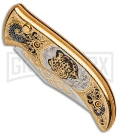 Custom Russian Gold Leopard Automatic Knife - Polish Plain -Kershaw Store Custom Russian Gold Leopard Auto Polish RV HC3 LEOPARD GX 31048 jr spine large