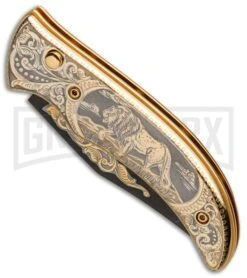 Custom Russian Gold Lion Automatic Knife - Damascus Plain -Kershaw Store Custom Russian Gold Lion Auto Damascus RV HC3 LION DAM GX 31050 jr spine large