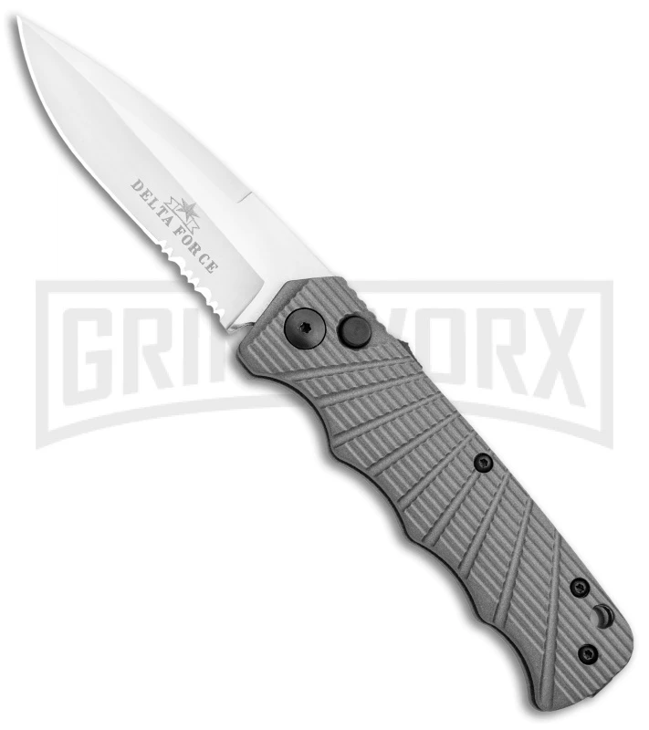 Delta Force Automatic Knife Gray Aluminum - Satin Serrated 3 Delta Force Automatic Knife Gray Aluminum - Satin Serrated